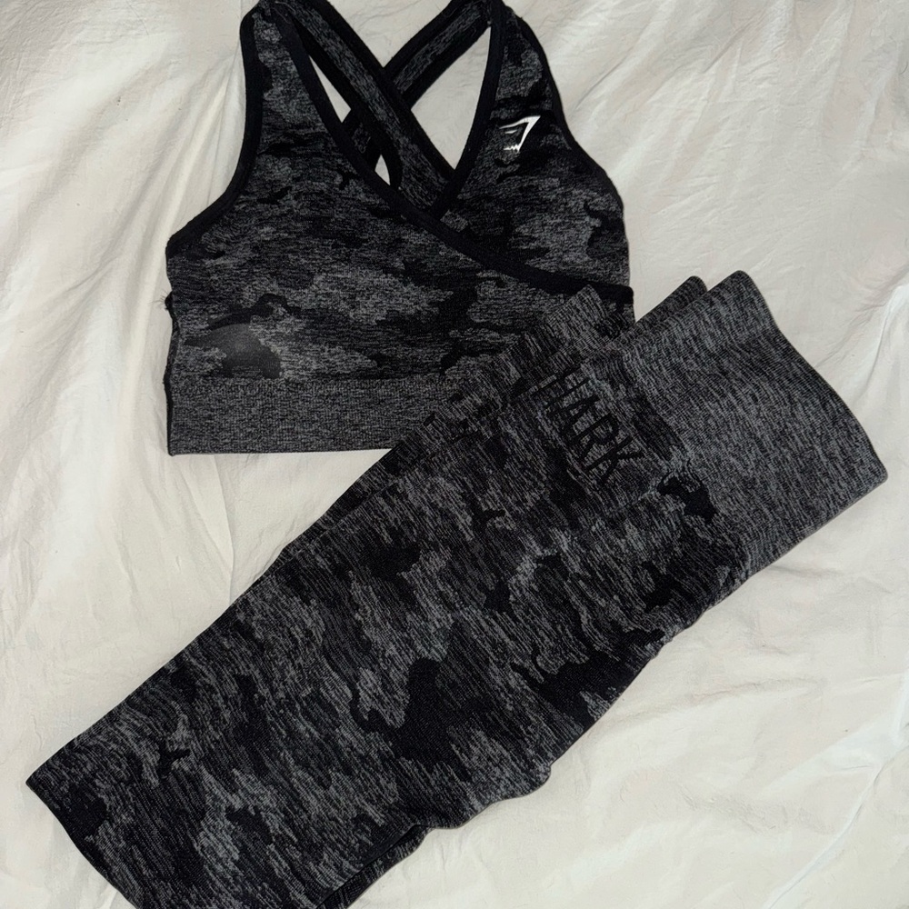 Gymshark Black and Gray Camouflage Sports Bra and Leggings Set